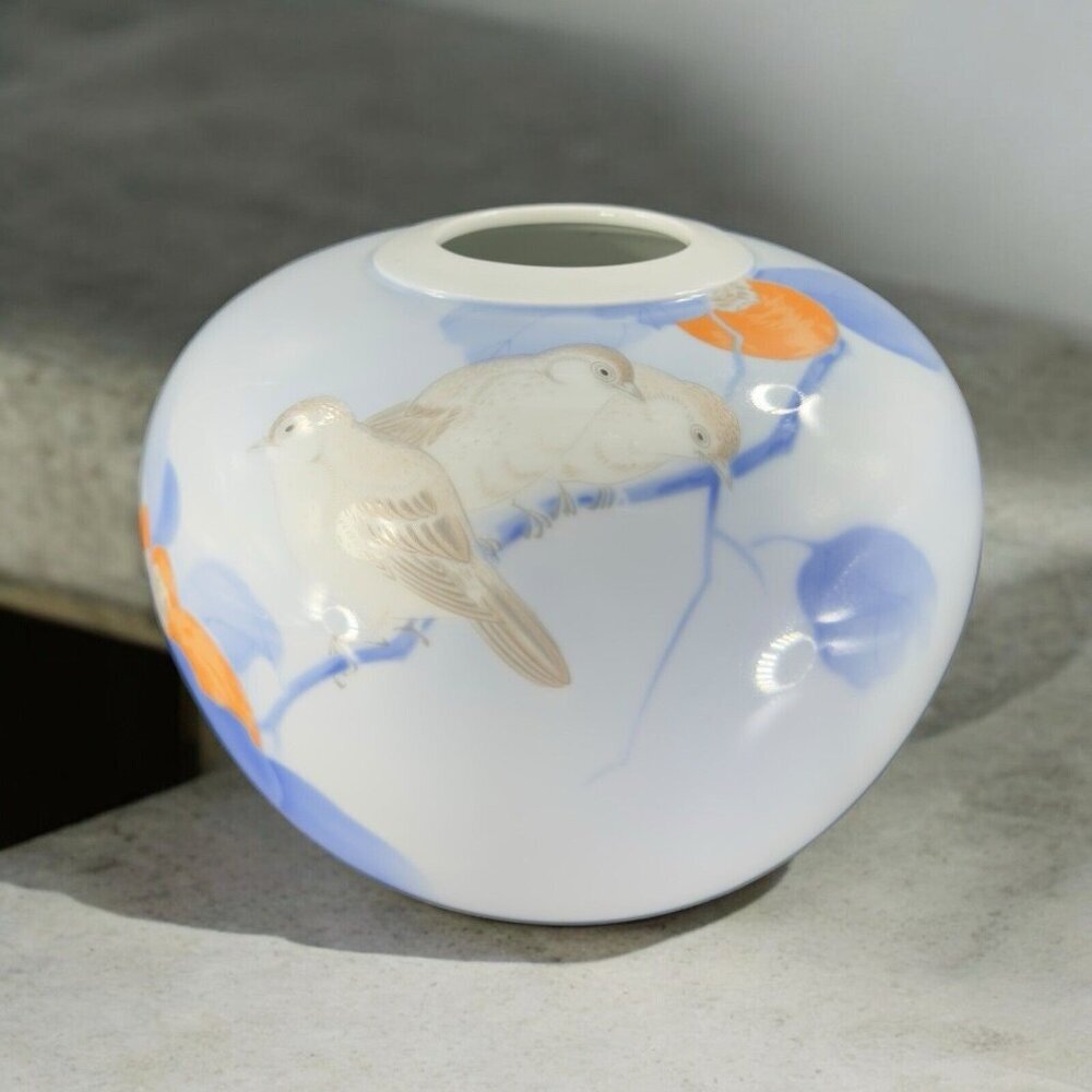 Vintage FUKAGAWA Porcelain Ceramic Painted Round Large Vase‎ With Birds Flowers